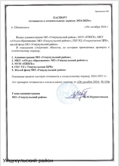 Паспорт готовности к отопительному сезону 2024-2025 МО "Унцукульский район"